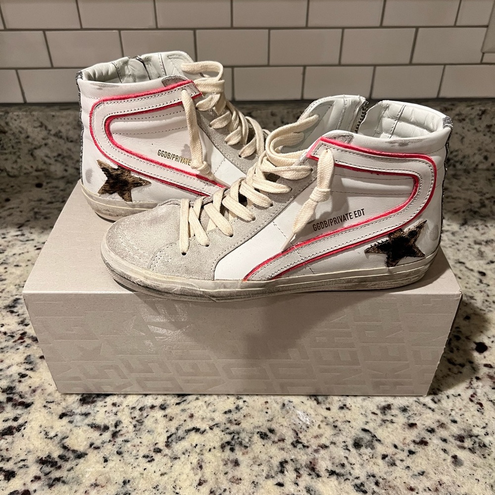 Golden Goose Slide Sneaker Hot Pink Suede and Leopard Star size 37 - Worn Once